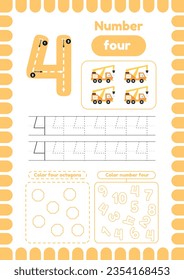 Learn number four. Activity page for preschool kids education. Color objects. Handwriting practice . Tracing page
