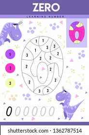 Learn numbers 0 with dino. Zero. Kids learn to count worksheet. Children educational game for numbers. Vector illustration