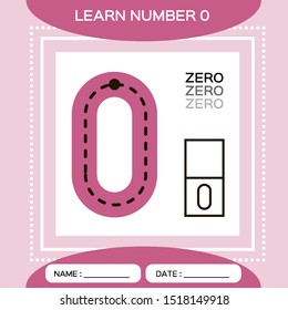 Learn numbers 0. Zero. Children educational game. Kids learning material. Trace and write. Pink background. Vector