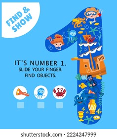 Learn the numbers from 1 to 9. Puzzle game for children. Find the objects.  Activity, vector illustration. Cute characters in cartoon style. Vector illustration. 