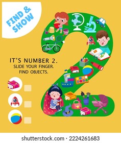 Learn the numbers from 1 to 9. Puzzle game for children. Find the objects. Number two. Activity, vector illustration. Cute characters in cartoon style. Vector illustration.