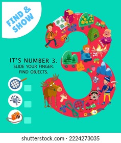 Learn the numbers from 1 to 9. Puzzle game for children. Find the objects. Number three. Activity, vector illustration. Cute characters in cartoon style. Vector illustration.