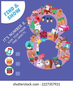 Learn the numbers from 1 to 9. Puzzle game for children. Find the objects. Number eight. Activity, vector illustration. Cute characters in cartoon style.