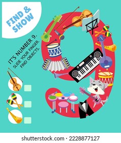 Learn the numbers from 1 to 9. Puzzle game for children. Find the objects. Number nine. Activity, vector illustration. Cute characters in cartoon style.