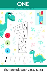 Learn numbers 1 with dino. One. Kids learn to count worksheet. Children educational game for numbers. Vector illustration.