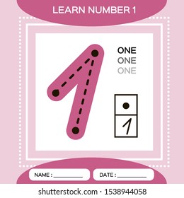 Learn numbers 1. One . Children educational game. Kids learning material. Trace and write. Counting game. Pink background Vector