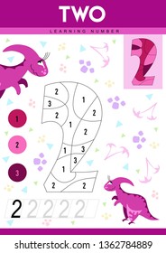 Learn numbers 2 with dino. Two. Kids learn to count worksheet. Children educational game for numbers. Vector illustration.