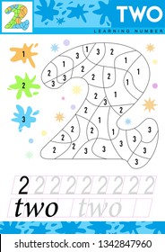 Learn numbers 2. Kids learn to count worksheet. Children educational game for numbers. Two. Vector illustration.