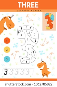 Learn numbers 3 with dino. Three. Kids learn to count worksheet. Children educational game for numbers. Vector illustration