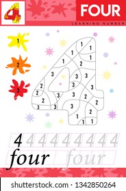 Learn numbers 4. Kids learn to count worksheet. Children educational game for numbers. Four. Vector illustration.