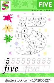 Learn numbers 5. Kids learn to count worksheet. Children educational game for numbers. Five. Vector illustration.