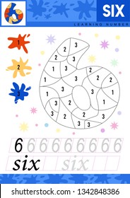 Learn numbers 6. Kids learn to count worksheet. Children educational game for numbers. Six. Vector illustration.