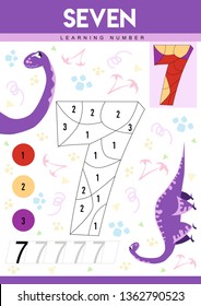 Learn numbers 7 with dino. Seven. Kids learn to count worksheet. Children educational game for numbers. Vector illustration.