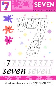 Learn numbers 7. Kids learn to count worksheet. Children educational game for numbers. Seven. Vector illustration.