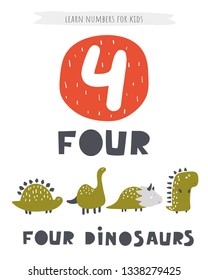 Learn numbers card for kids. Number four poster with dinosaurs and lettering words. Educational flash card with animals for children
