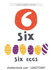 Learn numbers card for kids. Number five poster with eggs and lettering words