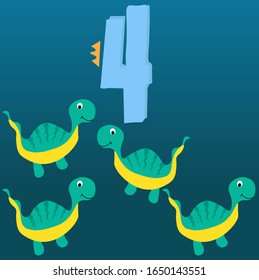 Learn numbers cards for kids. Numbers four poster with, dinosaur.