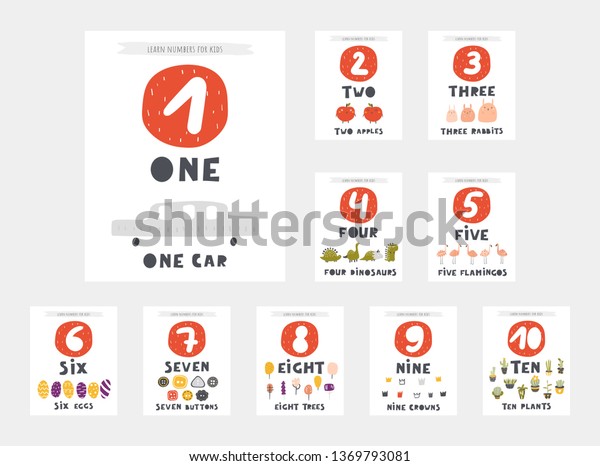 Learn numbers cards for kids. Numbers one, two,\
three, four, five, six, seven, eight, nine, ten posters with car,\
dinosaurs, flamingos, cactus, apples, rabbits, trees, fishes and\
lettering words
