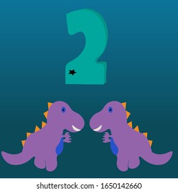 Learn numbers cards for kids. Numbers two poster with, dinosaur.