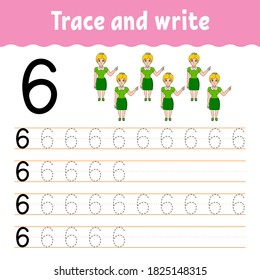 Learn Numbers. Trace and write. Back to school. Handwriting practice. Learning numbers for kids. Education developing worksheet. Isolated vector illustration in cute cartoon style.