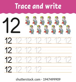Learn Numbers. Trace and write. Handwriting practice. Learning numbers for kids. Education developing worksheet. Color activity page. Isolated vector illustration in cute cartoon style.