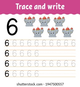 Learn Numbers. Trace and write. Handwriting practice. Learning numbers for kids. Education developing worksheet. Color activity page. Isolated vector illustration in cute cartoon style.