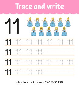 Learn Numbers. Trace and write. Handwriting practice. Learning numbers for kids. Education developing worksheet. Color activity page. Isolated vector illustration in cute cartoon style.