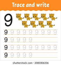 Learn Numbers. Trace and write. Handwriting practice. Learning numbers for kids. Education developing worksheet. Color activity page. Isolated vector illustration in cute cartoon style.