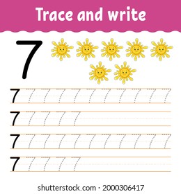 Learn Numbers. Trace and write. Handwriting practice. Learning numbers for kids. Education developing worksheet. Color activity page. Isolated vector illustration in cute cartoon style.