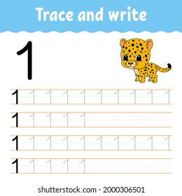 Learn Numbers. Trace and write. Handwriting practice. Learning numbers for kids. Education developing worksheet. Color activity page. Isolated vector illustration in cute cartoon style.