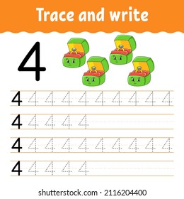 Learn Numbers. Trace and write. Handwriting practice. Education developing worksheet. Color activity page. Isolated vector illustration in cute cartoon style.