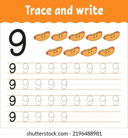 Learn Numbers. Trace and write. Handwriting practice. Learning numbers for kids. Education developing worksheet. Color activity page. Isolated vector illustration in cute cartoon style.