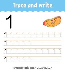 Learn Numbers. Trace and write. Handwriting practice. Learning numbers for kids. Education developing worksheet. Color activity page. Isolated vector illustration in cute cartoon style.