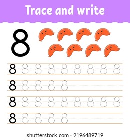 Learn Numbers. Trace and write. Handwriting practice. Learning numbers for kids. Education developing worksheet. Color activity page. Isolated vector illustration in cute cartoon style.