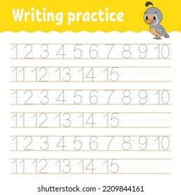 Learn Numbers. Trace and write. Handwriting practice. Learning numbers for kids. Education developing worksheet. Color activity page. Vector illustration.