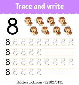 Learn Numbers. Trace and write. Handwriting practice. Learning numbers for kids. Education developing worksheet. Color activity page. Vector illustration.