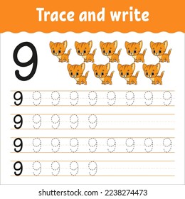 Learn Numbers. Trace and write. Handwriting practice. Learning numbers for kids. Education developing worksheet. Color activity page. Vector illustration.
