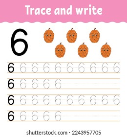 Learn Numbers. Trace and write. Handwriting practice. Learning numbers for kids. Education developing worksheet. Color activity page. Vector illustration.