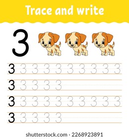 Learn Numbers. Trace and write. Handwriting practice. Learning numbers for kids. Education developing worksheet. Color activity page. Vector illustration.