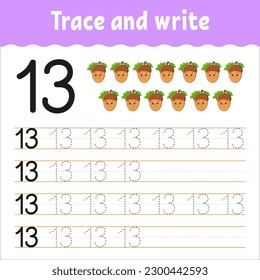 Learn Numbers. Trace and write. Handwriting practice. Learning numbers for kids. Education developing worksheet. Color activity page. Vector illustration.