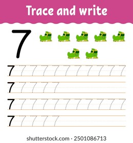 Learn Numbers. Trace and write. Handwriting practice. Learning numbers for kids. Education developing worksheet. Color activity page. Vector illustration.