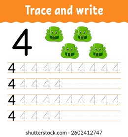 Learn Numbers. Trace and write. Handwriting practice. Learning numbers for kids. Education developing worksheet. Color activity page. Vector illustration.