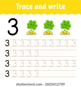 Learn Numbers. Trace and write. Handwriting practice. Learning numbers for kids. Education developing worksheet. Color activity page. Vector illustration.