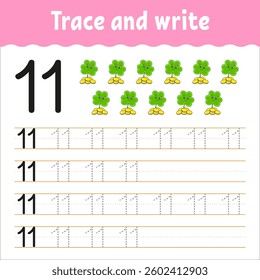 Learn Numbers. Trace and write. Handwriting practice. Learning numbers for kids. Education developing worksheet. Color activity page. Vector illustration.