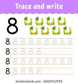 Learn Numbers. Trace and write. Handwriting practice. Learning numbers for kids. Education developing worksheet. Color activity page. Vector illustration.