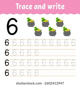 Learn Numbers. Trace and write. Handwriting practice. Learning numbers for kids. Education developing worksheet. Color activity page. Vector illustration.