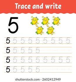 Learn Numbers. Trace and write. Handwriting practice. Learning numbers for kids. Education developing worksheet. Color activity page. Vector illustration.