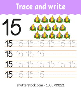 Learn Numbers. Trace and write. Winter theme. Handwriting practice. Learning numbers for kids. Education developing worksheet. Color activity page. Isolated vector illustration in cute cartoon style.