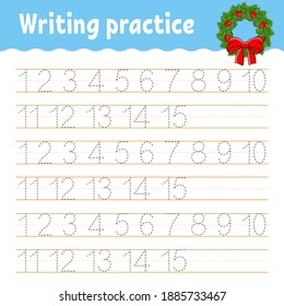 Learn Numbers. Trace and write. Winter theme. Handwriting practice. Learning numbers for kids. Education developing worksheet. Color activity page. Isolated vector illustration in cute cartoon style.
