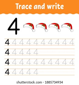 Learn Numbers. Trace and write. Winter theme. Handwriting practice. Learning numbers for kids. Education developing worksheet. Color activity page. Isolated vector illustration in cute cartoon style.